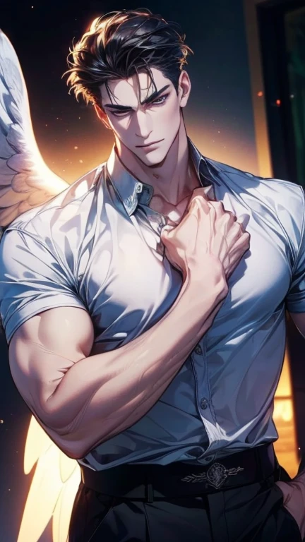 (masterpiece best quality 8k ultra-detailed:1.5) ultra realistic, solo standing male, muscular handsome (((perfect face,perfect eyes))) (topless) (undercut), anime style, illustration, (((underwear, big bulge))), realistic shade, sharp, detailed beautiful face and eyes, perfect beautiful body, perfect hands, (dynamic pose), shiny skin