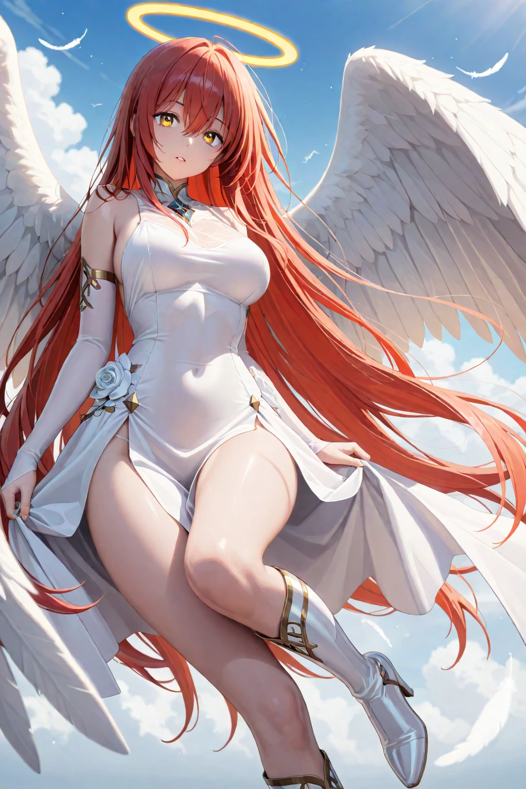 A woman with angels' wings unfurled in brilliant red, snow-white skin, heads as dark as the night, eyes gleaming like embers, a sensual body, large voluptuous breasts, broad hips, narrow waist, clad in transparent and flowing garments, exuding charm with a dynamic pose, full-body photograph.