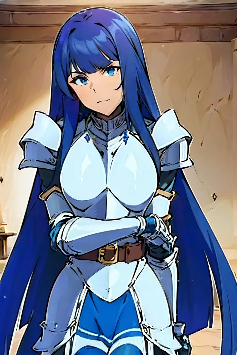 masterpiece,best quality,kim_kwang_hyun, 1girl, solo, long hair, breasts, looking at viewer, blue eyes, Ivory colored hair, large breasts, long sleeves, dress, cleavage, closed mouth, weapon, puffy sleeves, arm up, clothing cutout, copyright name, red dress, cleavage cutout, juliet sleeves , power armor, shoulder armor, Long curly hair, yellow eyes, Cross your arms in front of your chest, crossed arms,
 