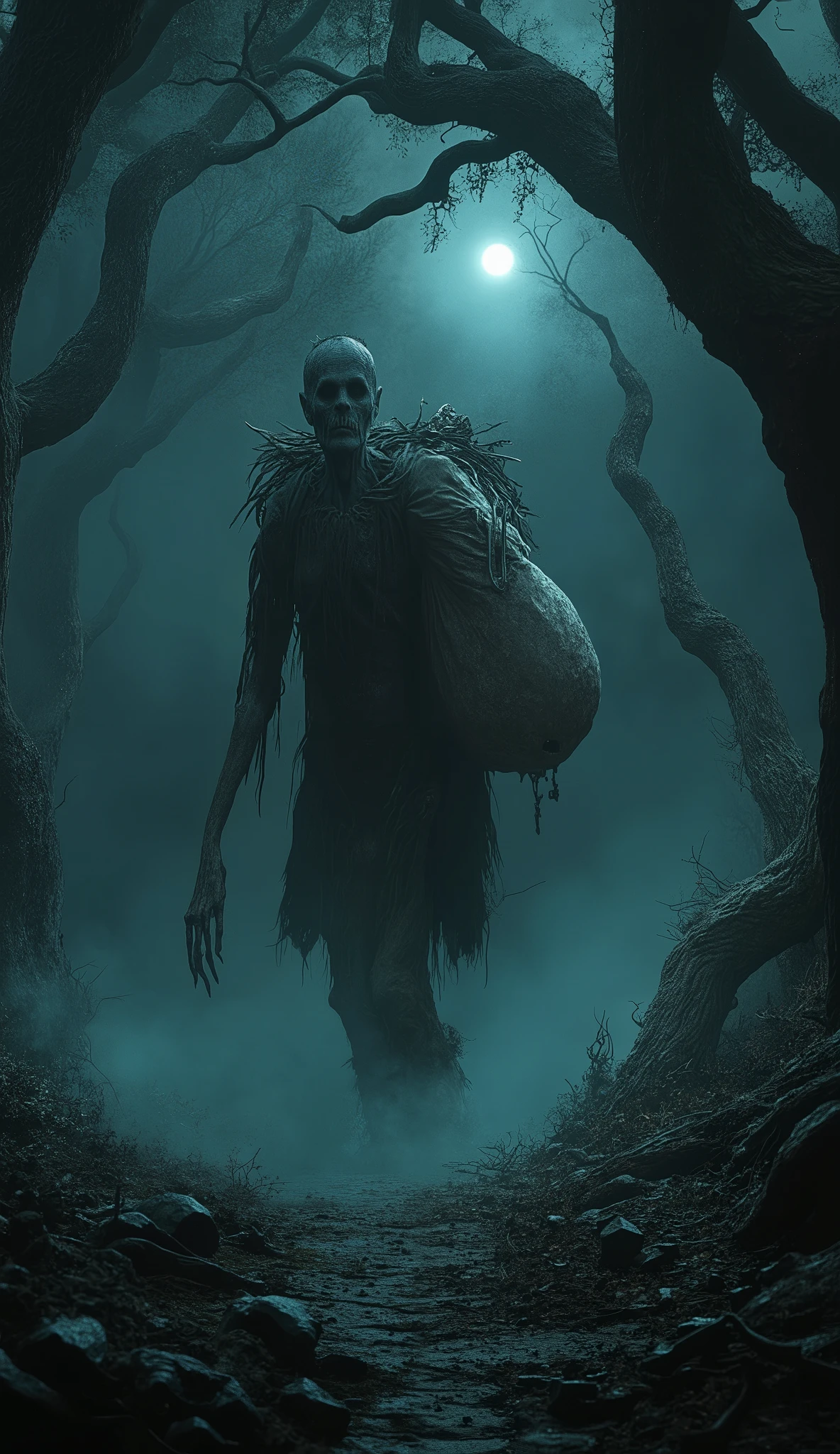 A terrifying, ghostly figure known as El Silbón slowly moving through a dense, foggy forest at night. He is unnaturally tall and gaunt, with sunken, hollow eyes and decayed, pale skin. He wears tattered, old-fashioned clothes and carries a large, weathered sack filled with human bones over his shoulder. His movements are slow and eerie, almost gliding between twisted, shadowy trees. The atmosphere is chilling, with thick mist swirling around his feet, and faint, haunting whistles echoing in the background. The dim moonlight casts elongated shadows, enhancing the horror and mystery of his presence.