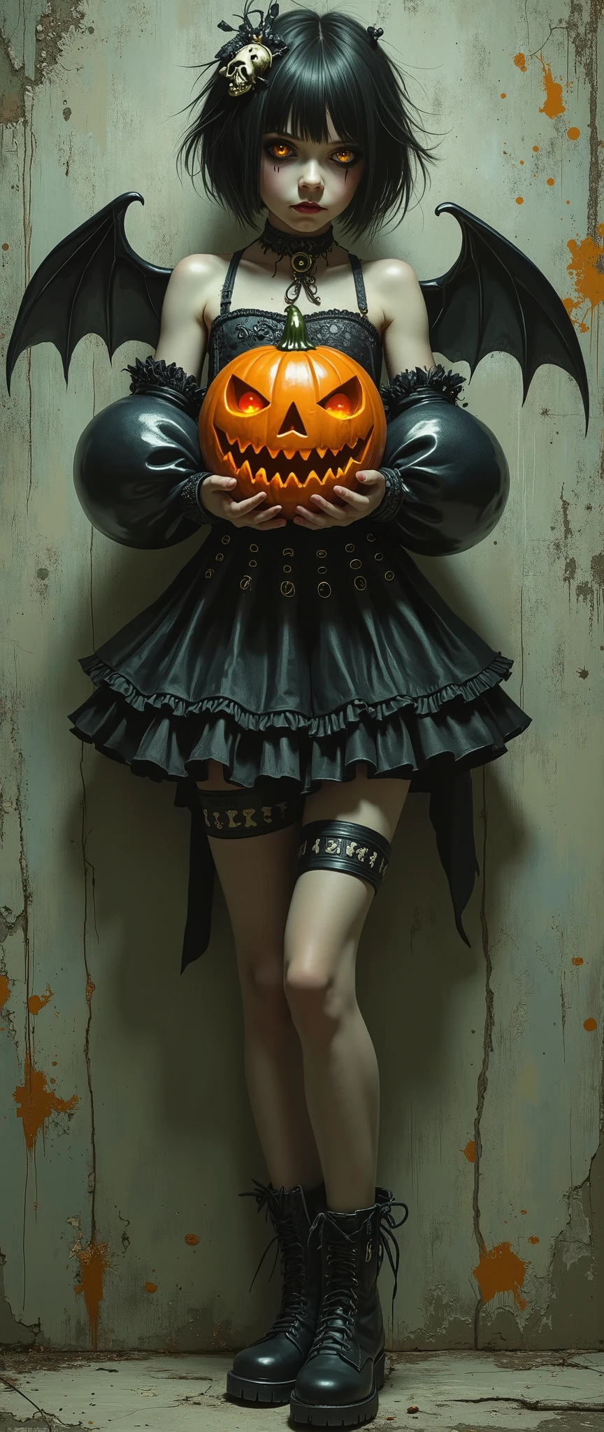 A young asthenic girl in a Gothic-style Halloween costume.Full-length image. Short black hair, cut exactly at chin level. Straight bangs. On top of the head is a small accessory in the form of a skull, decorated with a plume of dark ribbons. Pale skin and striking orange transparent eyes. eyes, Creepy clown makeup to accentuate his creepy appearance. Dark cropped top with straps, decorated with a pattern of small bones.  Layered Puffy High-waisted Mini Skirt; Dark Patterned Stockings;  Instead of sleeves, there are huge bulky balloon-like armbands with frills covering the hands. Behind the shoulders are small wings made of crow feathers. In her hands she holds a glowing carved pumpkin lantern with a sinister grin. The thin curved legs are crossed. Rough boots with thick soles. The textured background resembles a rough old concrete wall with peeling paint with barely noticeable dabs of orange paint. The overall color palette is dark, with shades of black, gray, and olive green, interspersed with bright orange pumpkins and some clothing details. The light is dramatic, the style is illustration and digital painting, with elements of Gothic and surrealism. High detail, clarity of textures and elements.A combination of fantasy and street style.