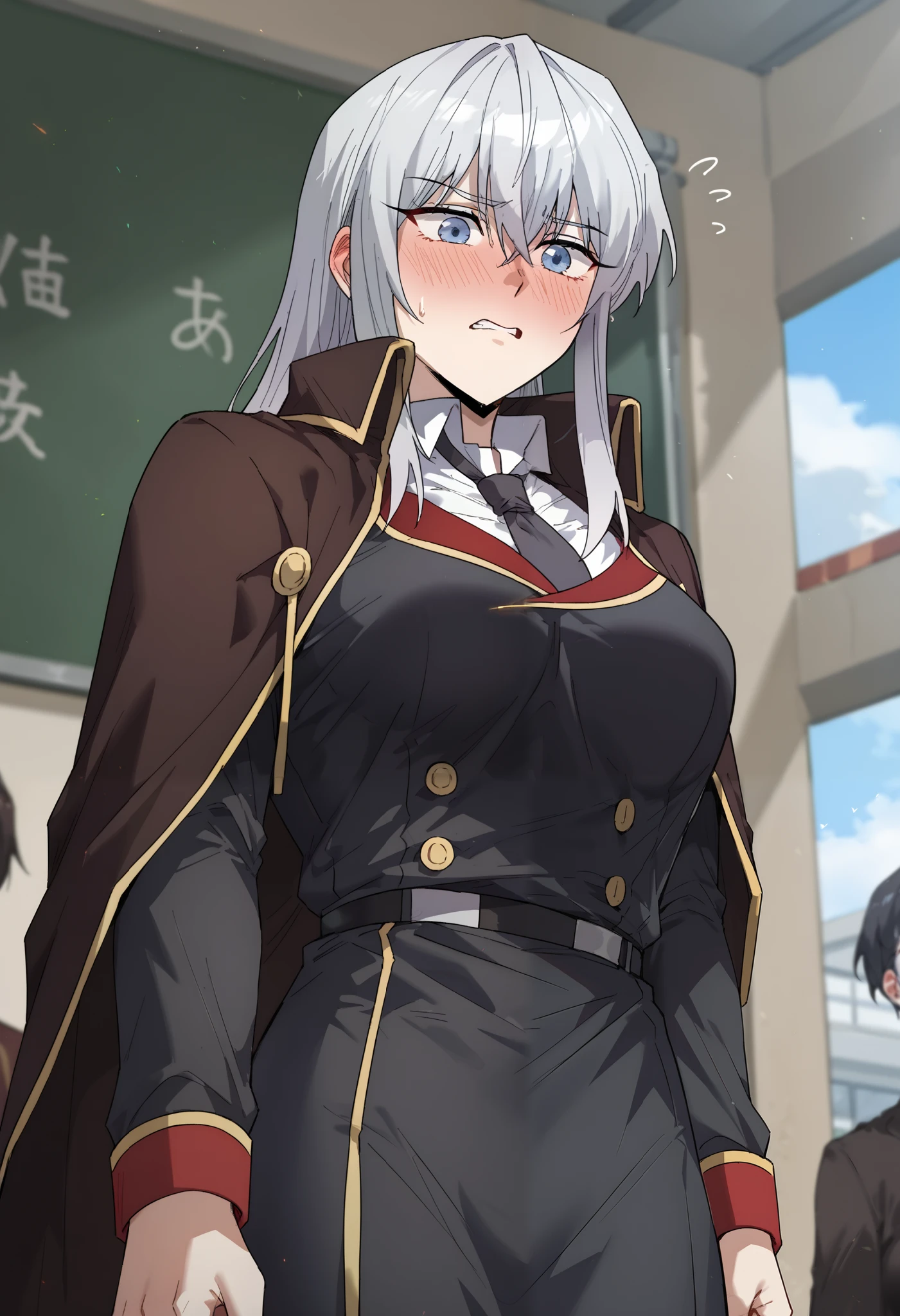 score_9_up, score_8_up, score_7_up, (manhwa art style), high detail face, best quality, absurd res, 1girl, Seria_Yurdina, Blue eyes, Silver hair, Long hair,(Academy uniform),full face blush,embarrased,red face, cowboy shot,blush,lifting_own_clothes ,underboob ,from_below，
