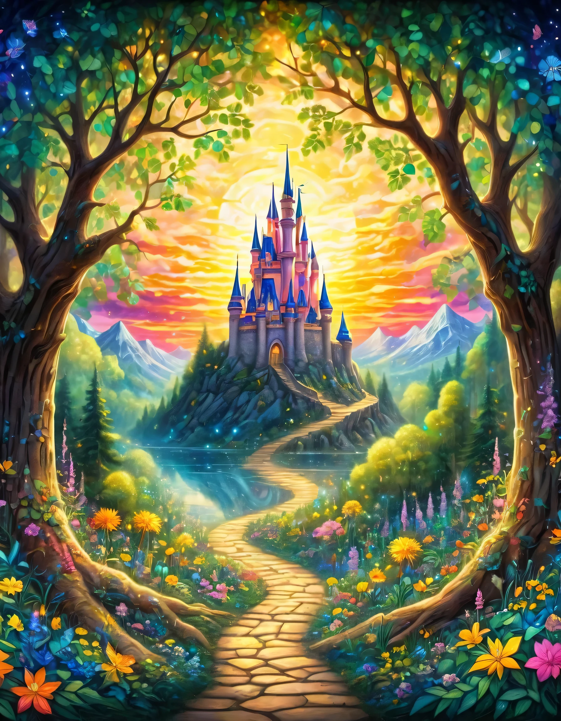 a stained glass picture of a castle in the woods, a detailed painting inspired by disney, shutterstock, process art, disney art, stained glass art, magical castle, disney inspired landscape, golden twilight stained glass, fairytale artwork, stained glass style, glowing stained glass backdrop, disney art style, detailed dreamscape, dreamy and detailed, disney concept art, disney artist
