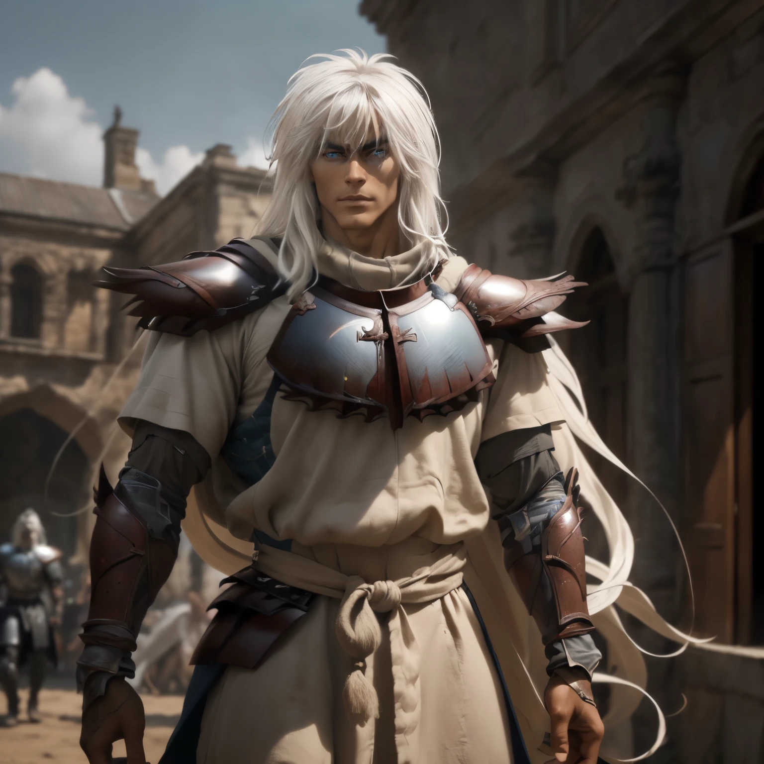 (8k, RAW photo, best quality, masterpiece:1.2), (realistic, photo-realistic:1.4), ultra-detailed, (high detailed skin:1.2), warrior male tanned skin, blue eyes, long white hair, handsome 1man. ((wearing armor))