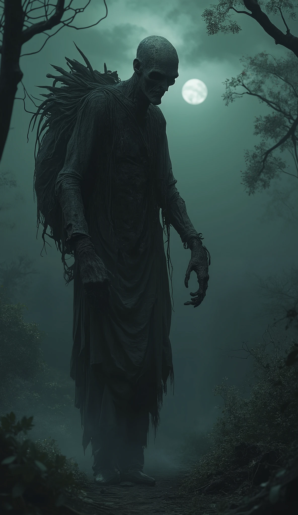 A terrifying depiction of El Silbón, the ghostly figure from Venezuelan folklore. He appears as an unnaturally tall, gaunt man with hollow, sunken eyes filled with darkness. His skin is pale and decayed, resembling a , with long, bony fingers. He wears tattered, old-fashioned clothes, giving him an eerie, ghostly presence. Over his shoulder, he carries a large, weathered sack filled with human bones, some poking out through holes. The background is a foggy, moonlit countryside, with twisted trees and an ominous, dark sky. The atmosphere is chilling, with an eerie mist swirling around his feet, and his haunting whistle echoing through the night.