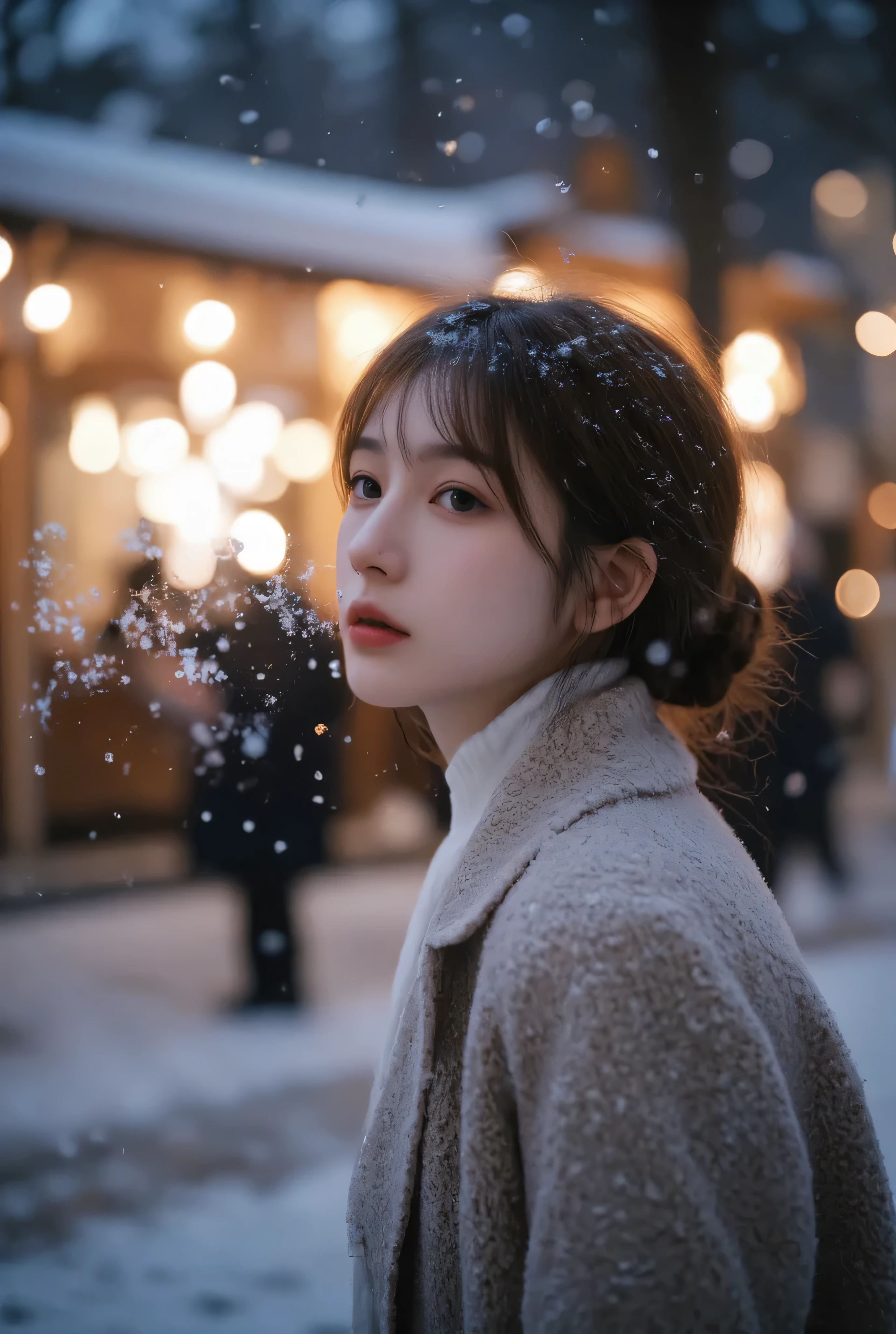 （masterpiece, best quality :1.2), winter,1 woman, [white breath] 、( Fantastic)Winter Festival 、 Snowflakes、❄️、cinematic lighting ,focus on her face,background blur,  fantastic