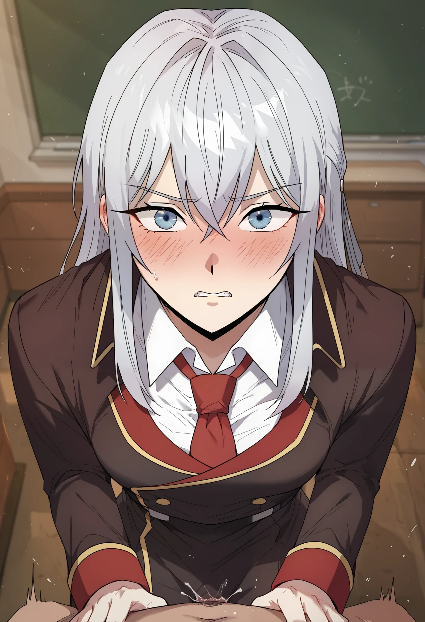 score_9_up, score_8_up, score_7_up, (manhwa art style), high detail face, best quality, absurd res, 1girl, Seria_Yurdina, Blue eyes, Silver hair, Long hair,(Academy uniform),full face blush,embarrased,red face, cowboy shot,blush,sex,penetration,being fucked,doggystyle default, 1girl, 1boy, pov, from behind, butt, standing,