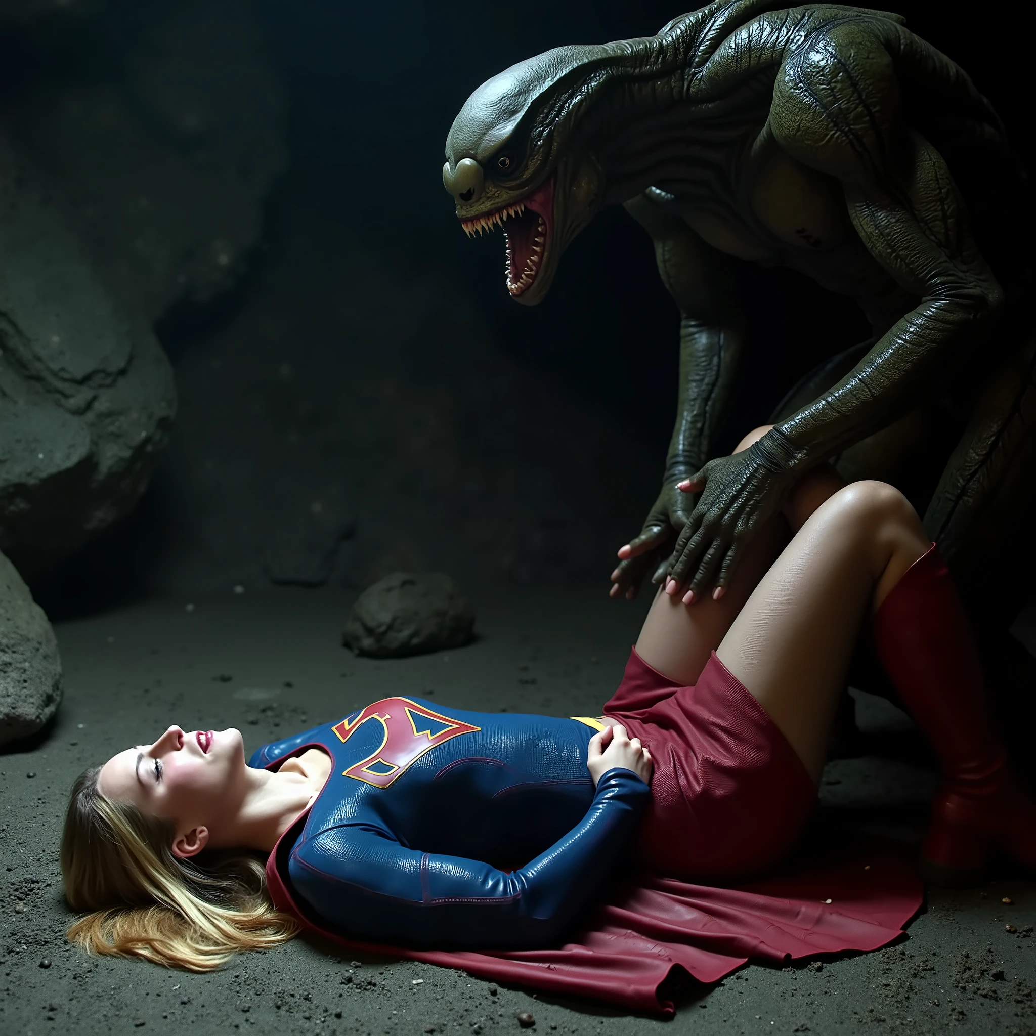 Supergirl is raped by an alien monster, very bright white skin, her legs are spread and wide out, She is wearing a thin black pantyhose, short red skirt, red knee height long boots, blonde hair, She is unconscious, seriously injured, painful, a fierce Alien Monster carrying Supergirl legs, he spread her legs out and get in between her legs and push his private part in to her skirt, he push her chest and press her wrist down, photorealistic, hyperrealism, night time, underground cave,