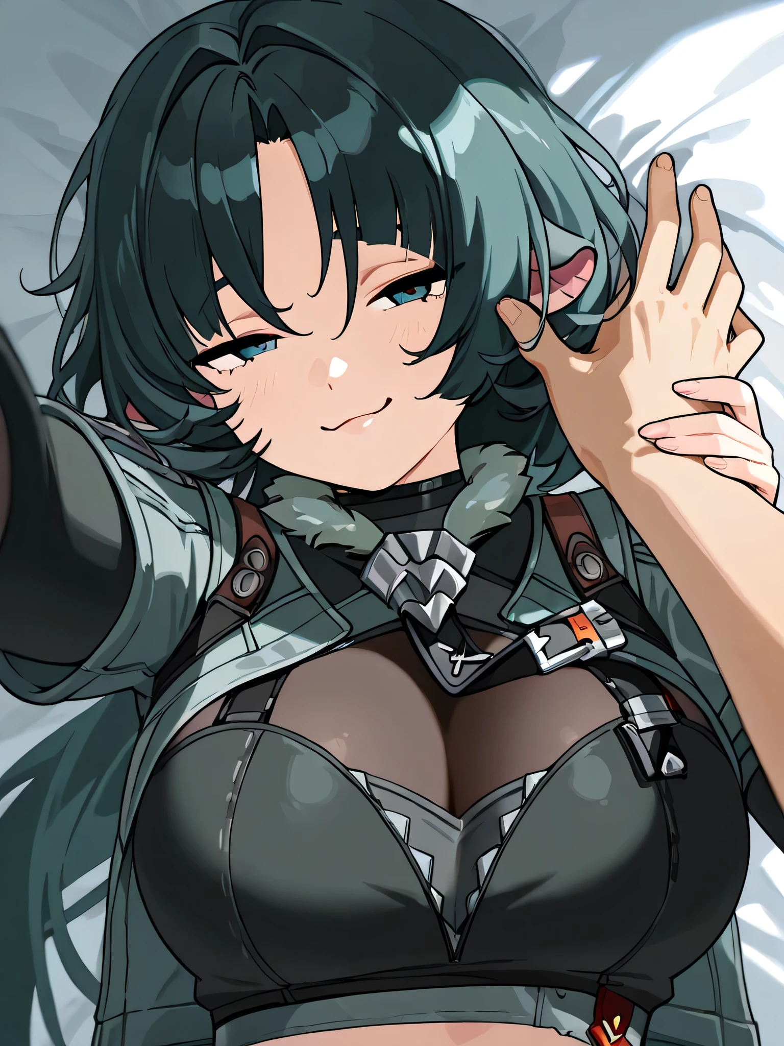 Jane Doe from zenless zone zero,looking at viewer,in bed,Hands petting the viewer,Chest view,Cute smug,half lidded eyes.