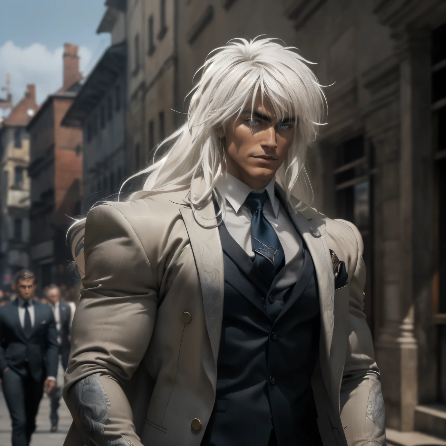 (8k, RAW photo, best quality, masterpiece:1.2), (realistic, photo-realistic:1.4), ultra-detailed, (high detailed skin:1.2), warrior male tanned skin, blue eyes, long white hair, handsome 1man. ((wearing an Armani suit))