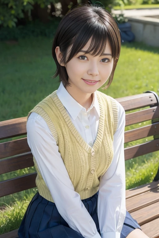 1girl, solo, smile, brown hair, brown eyes, , skirt, short hair, looking at viewer, outdoors, blurry background, sweater vest, blurry, bow, shirt, blue bow, plaid, sitting, teeth, plaid skirt, realistic, white shirt, bowtie, grin, short sleeves, vest