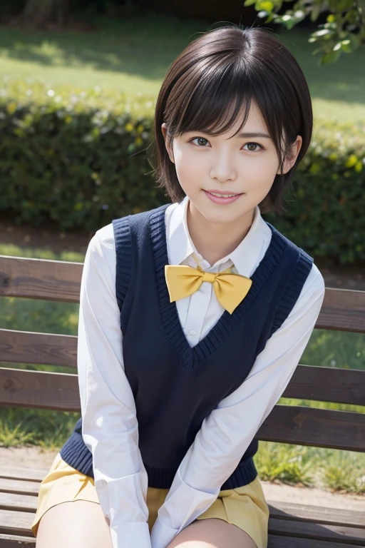 (8K、RAW photos、the highest quality、A masterpiece:1.2)、(Realistic、photorealistic:1.37)、super high definition、one girl、cutest、solo、beauti sky、Detailed Cafe、night、Sitting、tool、(Nasal redness)、(a smiling look:1.1)、(Closed)、Big Boobs、beautiful eye、(collared shirts:1.1)、bow ties、Pleated Skirt、(shorthair:1.2)、Floating Hair、M-shaped spread legs、high school girls、