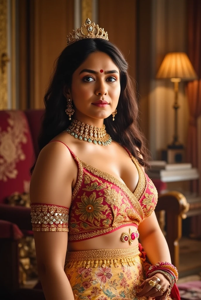 Indian bride in red dress, heavy jewellery, decorated background, shy