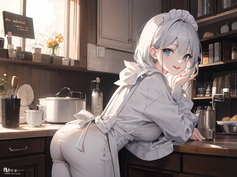 NSFW,koneko toujou (dxd),Gray Hair,short hair,Naked Apron,Embarrassed,blush,(Perfect hands),(Perfect Anatomy),(masterpiece),(highest quality),kitchen,kitchen,Looking back