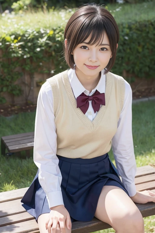 ((masterpiece)), ((highest quality)), (Super Get used to it), ((cute)), cute, ((Spread your legs)), (White panties), ((very get used to it)), 4K, (8k), highest quality, (beautiful), hyper cute face,hyper Genuineistic, Genuine, (((From below))), (whole body), close, Thick outline, Clear contours, ((Bench in the park during the day when cherry blossoms are in full bloom)), (1 girl, cute girl:1.5), (Schoolgirl uniform :1.5), beautiful light brown hair, beautiful brown eyes, ((beautiful eyes)), (sitting on a park bench, Look up at the cherry blossoms, mini skirt:1.3), short hair, Big Breasts, smile