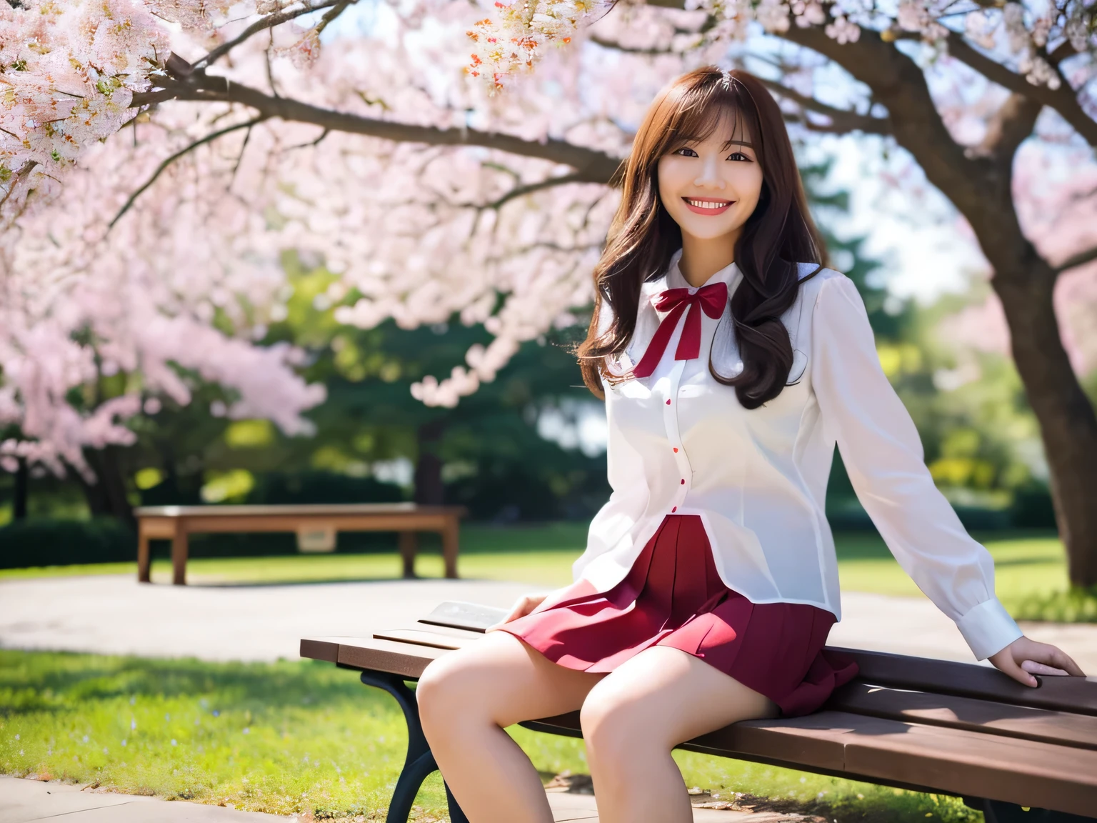 ((perfect anatomy)),Image of a beautiful girl who came to see cherry blossoms in full bloom,nice earrings and necklace,Aerial photos ,(She wears a long-sleeved blouse with a white collar, a light blue hoodie, and a long plaid tulip skirt.),(Full body photo of standing with knees together under a cherry tree),Deep depth of field that blurs the background beautifully,professional angle of view,excellent details,ultra high resolution,realistic:1.4),high detail,focus on details,High concentration of 1girls,Beautiful long chestnut hair is braided,Beautiful face with a delicate and high nose,Long limbs and slim waist like a model,White sneakers look great on your beautiful ankles,white skin is dazzling,