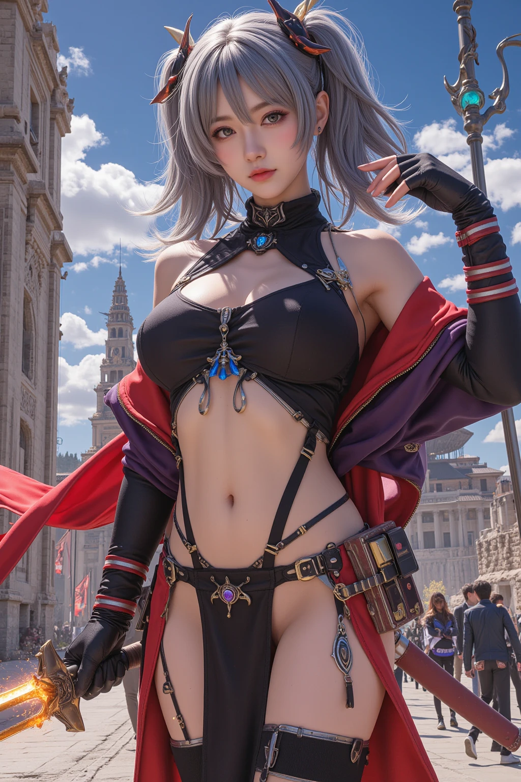 ((NSFW:-0.95)), (((nipple:-0.9))), ((Acutance:0.85)), (from below) . The background is the downtown area at (Twilight:1.4), (((Red-dyed clouds above hed:1.2))), { Skyscrapers Shining in the setting sun | (many colorful Lights:1.2) | (lens flare) | Burning | heyz | luminous Particles | Mystic sight } . (Masterpiece:1.2) of professional Analog photo with Hasselblad open aperture, (((realistic and photorealistic with touch of rawness:1.37))), physically-based 3D rendering with ultra-detailed. (((Hakata Gion Ymakasa, A KAWAII girl in WHITE Fundoshi))), A Number of girls watching .