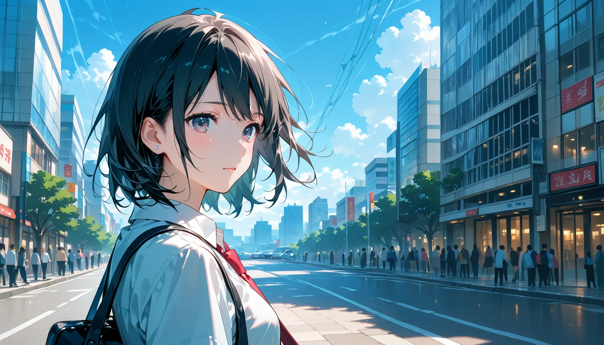 A woman is walking in Tokyo city wearing a headphone, high quality, 4k