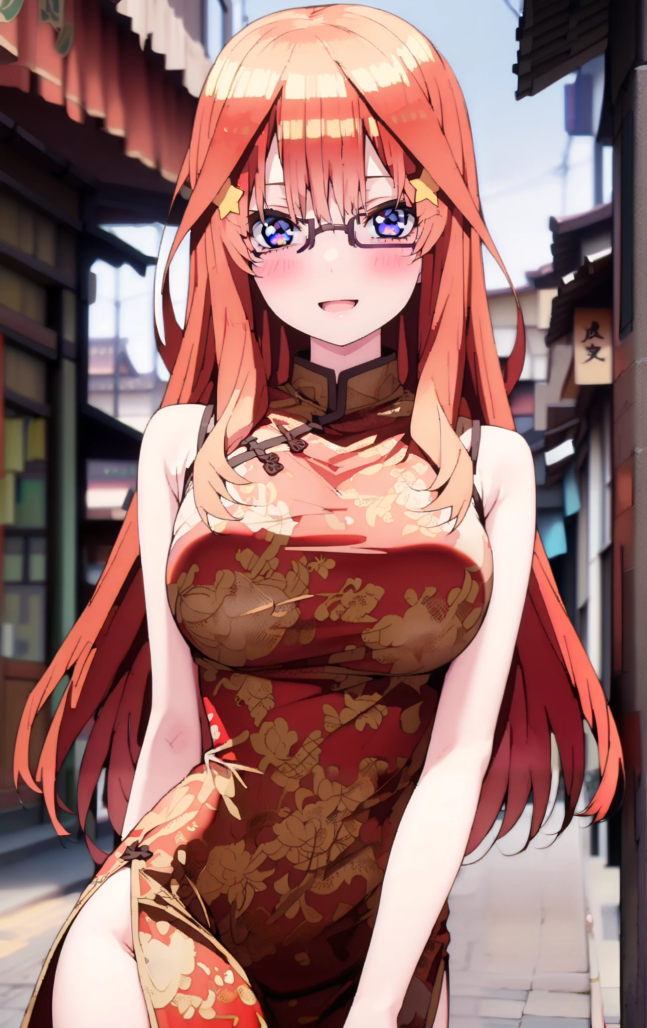 master-piece, bestquality, 1girls,16 years old, View viewers from the up, sit down, leaning forward, horny, HD, slight smile, big tits, cleavage, short orange hair, tights cloth, chinese dress, heart shape pupille, horns, tiny body, wear glasses,