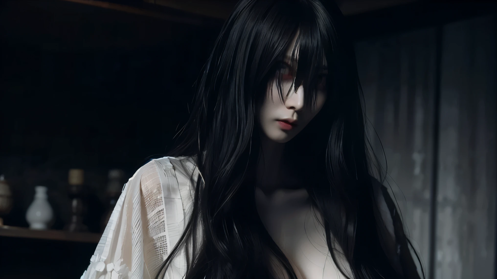 solo, high resolution, Masterpiece, accurate, top quality, super high heels, textured skin, woman、4K、((The background is standing in a dark Japanese-style room at midnight)), big breasts、ghost、 white kimono、(((Black hair to hide eyes))), Pale look、 Dark Atmosphere 、 staring at me、Sharp Eye、 expression of anger、(( has an open chest)),