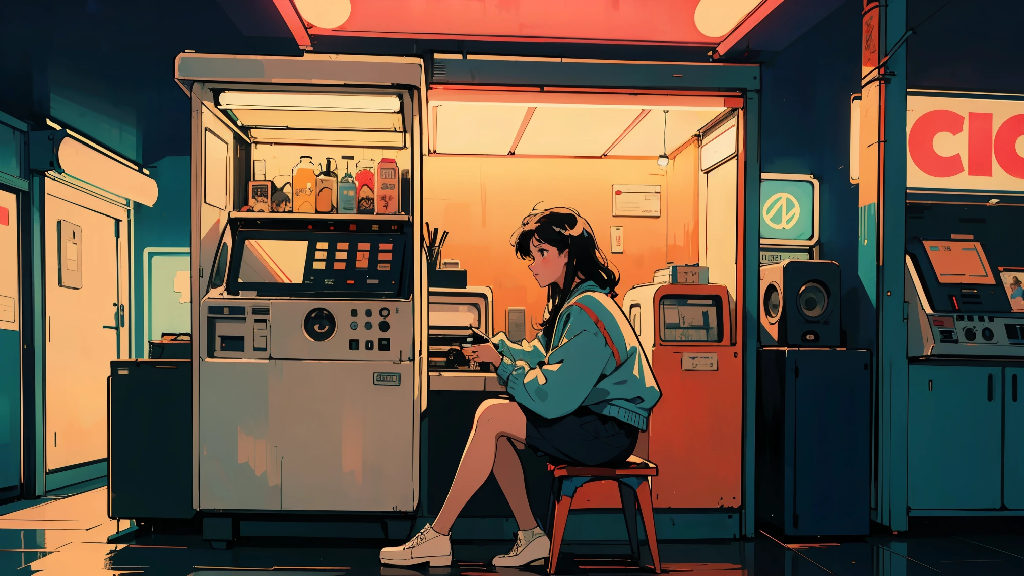 A highly detailed anime-style illustration capturing the nostalgic essence of 1980s Japan, inspired by city pop aesthetics. A young woman with short, wavy black hair and deep brown eyes stands under the glow of neon signs in a vibrant urban night scene. She wears an orange retro bomber jacket over a white shirt, evoking a classic Showa-era fashion style. Her expression is thoughtful as she gently holds a vintage cassette tape in both hands, its reel visible through the transparent window, reflecting the surrounding neon lights.

Best Quality, 8k, 1980s Style, nostalgic city pop aesthetic, Showa-era Japan, The background is a bustling Japanese city street at night, filled with glowing neon signs, softly blurred to enhance depth. A retro vending machine and an old-school jukebox sit beside her, casting a dim, warm glow onto the textured brick wall behind them. The pavement reflects the colorful lights, creating a dreamy, atmospheric effect. The entire composition exudes a cinematic and melancholic city pop vibe, reminiscent of classic 80s album covers.

The color palette is dominated by deep blues, purples, and warm oranges, contrasting the cool night air with the warmth of urban neon lights. The framing is optimized for a 16:9 aspect ratio, making it perfect for immersive visuals. No text is included in the image to ensure a clean, uninterrupted aesthetic.