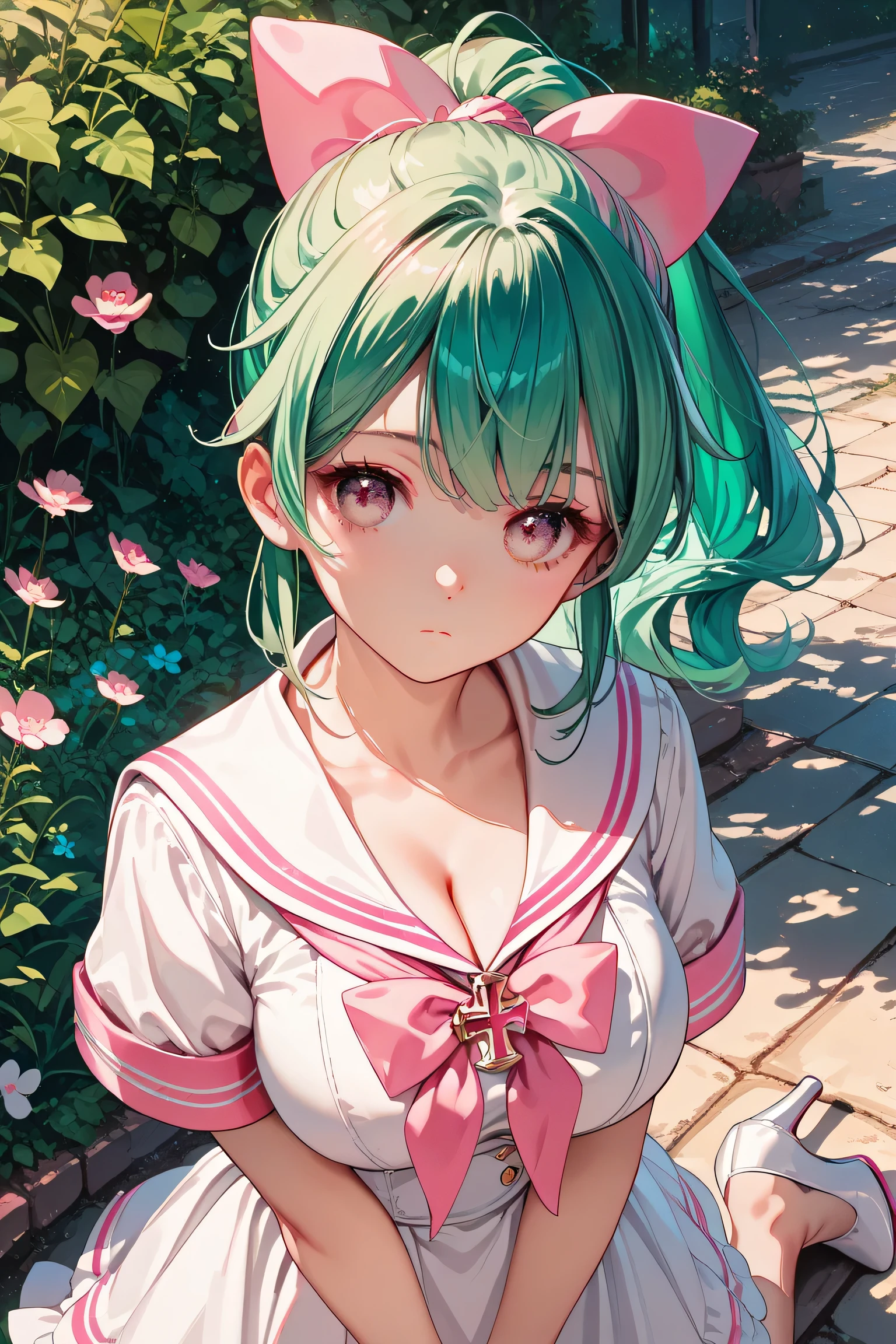 score_9, score_8_up , score_7_up ,source_anime,1cute girl, EMERALD hair, pattern ,ponytail pink ribbon, expressionless, , cute white sailor suit with pink lines, miniskirt, pink eyes, white high heels, cleavage,nsfw,cross arms in front,Jenga