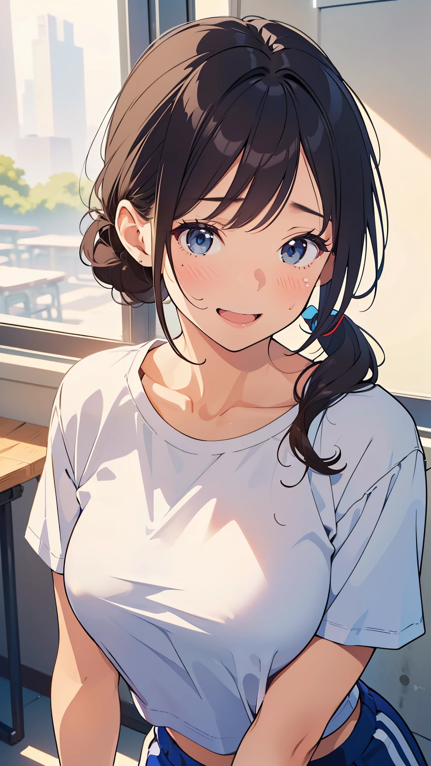 masterpiece, top quality, super high resolution,( beautiful women:1.2),( beautiful big breasts :1),( happy:1.2),(enjoy:1.2), ( with dark hair:1), Short Low Ponytail, sexy mole around her mouth, sweat (I burst out laughing:1.4), ( squint:1.4),(simple Plain uniform:1.1),( gym uniform at the sports square:1), School gym clothes,(Plain:1.3),( wearing a white round neck t-shirt :1.2), navy blue short sweatpants , upper body shot