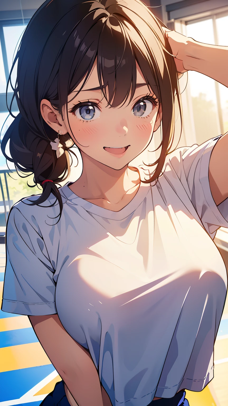 masterpiece, top quality, super high resolution,( beautiful women:1.2),( beautiful big breasts :1),( happy:1.2),(enjoy:1.2), ( with dark hair:1), Short Low Ponytail, sexy mole around her mouth, sweat (I burst out laughing:1.4), ( squint:1.4),(simple Plain uniform:1.1),( gym uniform at the sports square:1), School gym clothes,(Plain:1.3),( wearing a white round neck t-shirt :1.2), navy blue short sweatpants , upper body shot
