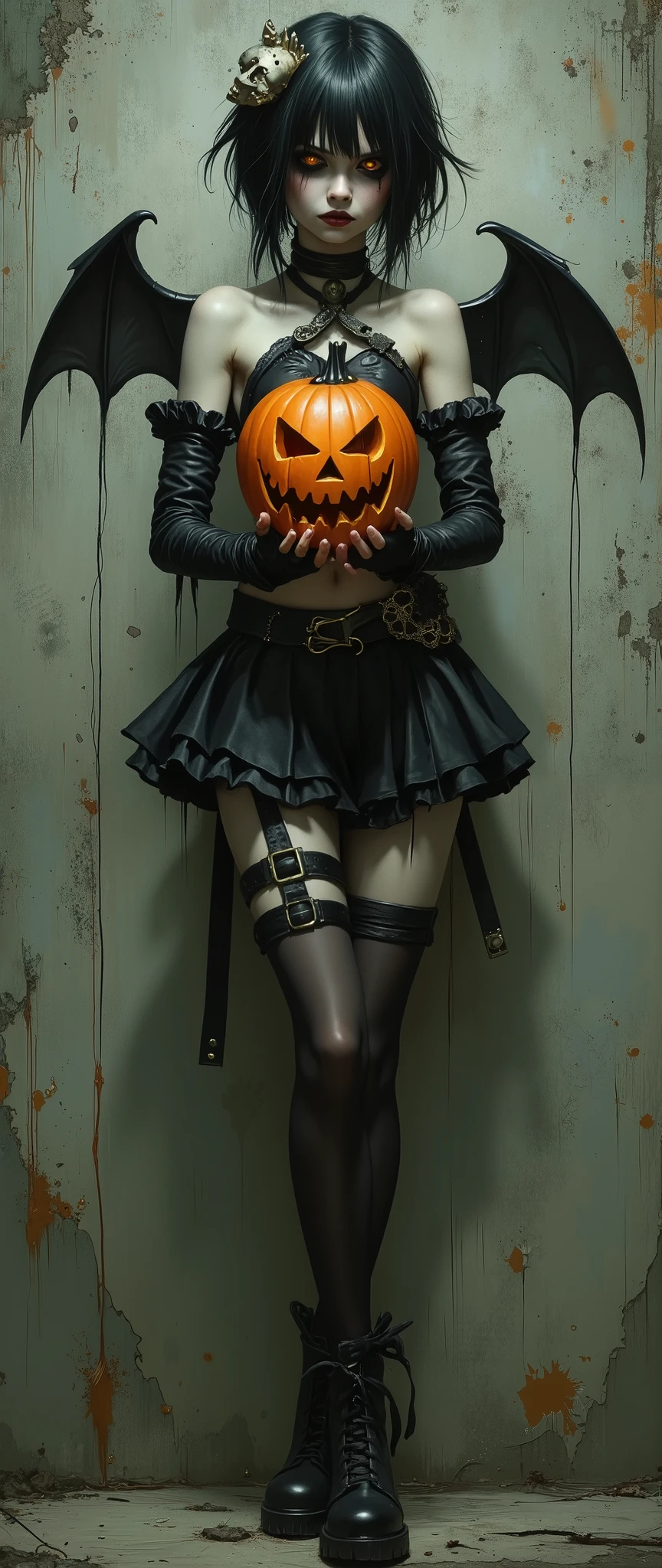 A young asthenic girl in a Gothic-style Halloween costume.Full-length image. Short black hair, cut exactly at chin level. Straight bangs. On top of the head is a small accessory in the form of a skull, decorated with a plume of dark ribbons. Pale skin and striking orange transparent eyes. eyes, Creepy clown makeup to accentuate his creepy appearance. Dark cropped top with straps, decorated with a pattern of small bones. Layered Puffy High-waisted Mini Skirt; Dark Patterned Stockings; Instead of sleeves, there are huge bulky balloon-like armbands with frills covering the hands. Behind the shoulders are small wings made of crow feathers. In her hands she holds a glowing carved pumpkin lantern with a sinister grin. The thin curved legs are crossed. Rough boots with thick soles. The textured background resembles a rough old concrete wall with peeling paint with barely noticeable dabs of orange paint. The overall color palette is dark, with shades of black, gray, and olive green, interspersed with bright orange pumpkins and some clothing details. The light is dramatic, the style is illustration and digital painting, with elements of Gothic and surrealism. High detail, clarity of textures and elements.A combination of fantasy and street style. JinxA