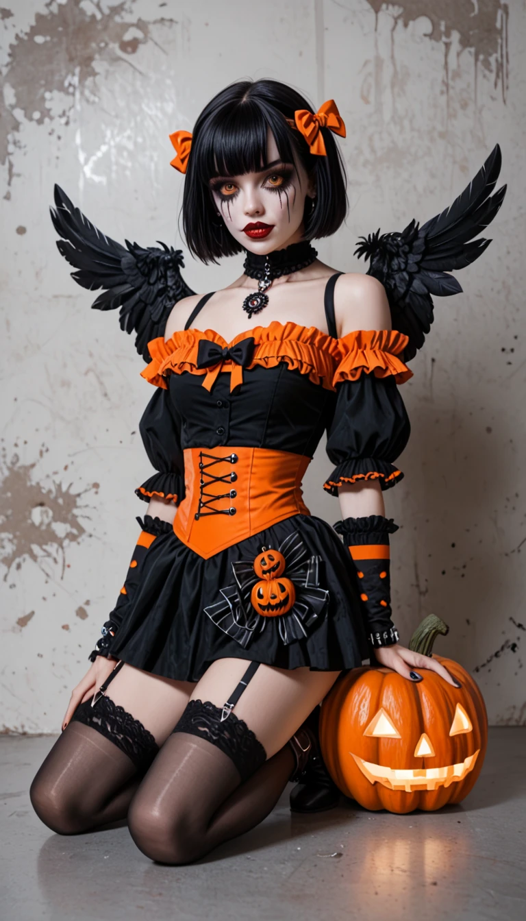 A young asthenic girl in a Gothic-style Halloween costume.Full-length image. Short black hair, cut exactly at chin level. Straight bangs. On top of the head is a small accessory in the form of a skull, decorated with a plume of dark ribbons. Pale skin and striking orange transparent eyes. eyes, Creepy clown makeup to accentuate his creepy appearance. Dark cropped top with straps, decorated with a pattern of small bones. Multi-layered puffy mini skirt with high waist; Dark stockings with an asymmetrical pattern; Instead of sleeves, there are huge voluminous armbands with frills covering the hands. Behind the shoulders are small wings made of crow feathers. A glowing carved pumpkin lantern with a sinister grin in his right hand. The thin curved legs are crossed. Rough boots with thick soles. The textured background resembles a rough old concrete wall with peeling paint with barely noticeable dabs of orange paint. The overall color palette is dark, with shades of black, gray, and olive green, interspersed with bright orange pumpkins and some clothing details. The light is dramatic, the style is illustration and digital painting, with elements of Gothic and surrealism. High detail, clarity of textures and elements.A combination of fantasy and street style. JinxA