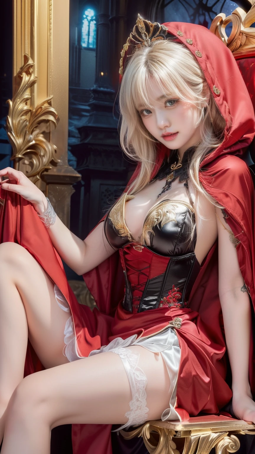 A breathtakingly realistic Dark Gothic Red Riding Hood, seated elegantly on an ornate golden throne in a dark fantasy realm. She wears a deep crimson hooded cloak with black and gold embroidery, draping over her shoulders. Beneath, a black satin and blood-red velvet corset dress with intricate gold lace and silver chains clings to her slender, curvaceous figure. The asymmetrical skirt reveals porcelain thighs, accentuated by lace garters.
Her icy blue eyes, sharp and piercing, gaze intensely at the viewer. Her silky platinum blonde hair cascades in soft waves, framing her delicate face. A gothic black and crimson tiara with dark gemstones rests on her head. Her pale, flawless skin contrasts with the eerie surroundings, illuminated by moonlight. Her expression is mysterious and seductive, lips slightly parted in a knowing smirk.
Her pose is confident yet alluring—one leg elegantly bent, the other resting on the throne. One hand lifts her cloak, the other rests on the armrest, fingers adorned with claw-like rings.
The background features a ruined gothic cathedral, towering spires and shattered stained-glass windows glowing under a blood-red moon. Ethereal mist swirls, and shadowy figures lurk, glowing red eyes peering from the darkness. The lighting casts an eerie glow, enhancing the richness of her attire.
• (8k, ultra-realistic, hyper-detailed, cinematic lighting, photo-realistic:1.4, UHD, HDR)
• (sharp details, intricate textures, soft shadows, depth of field:1.2)
• (highly detailed facial features, expressive icy blue eyes, soft skin, realistic flowing hair:1.3)
• (ornate golden throne, gothic ruins, eerie dark forest, ethereal mist, supernatural ambiance)
• (deep crimson, black and gold accents, dark fantasy elegance:1.3)
A perfect fusion of classic fairy tale mystique and dark gothic fantasy, portraying a Red Riding Hood who has embraced the darkness while retaining an air of nobility and allure.
