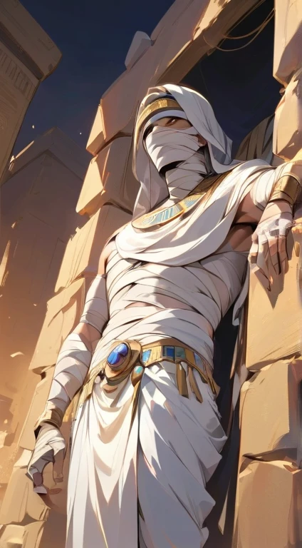 Male mummy, white bandage, face bandage, white eyes, covered with bandages, tanned skin, white mask, white helmet, one knee pose, night desert background, scars on body, metal one eye, metal one arm