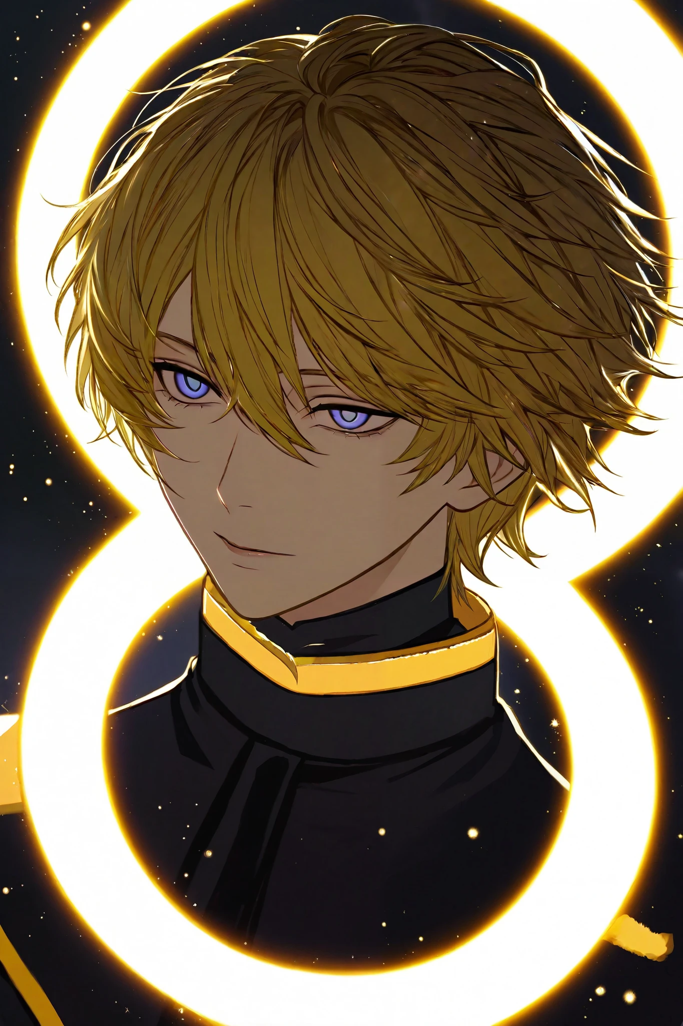 A -yeld boith short hair , Jet-yellow hair , slightly messy but well-maintained . His eyes are pure black abyss , is like empty and emotionless , Void . His delicate facial features give him an almost adorable look , but his expression is still eerily neutral , oozes a cool and calculating aura . x} He wears a perfectly elegant and simple costume , His posture is always impeccable , radiates an unsettling sense of control . Its overall shape The aesthetic blends the exotic energy of Yandir with the charm Innocent but disturbing. The soft but dark lighting enhances its quiet and intense presence. . Highly detailed anime style , were cinematic lighting, Very realistic shading