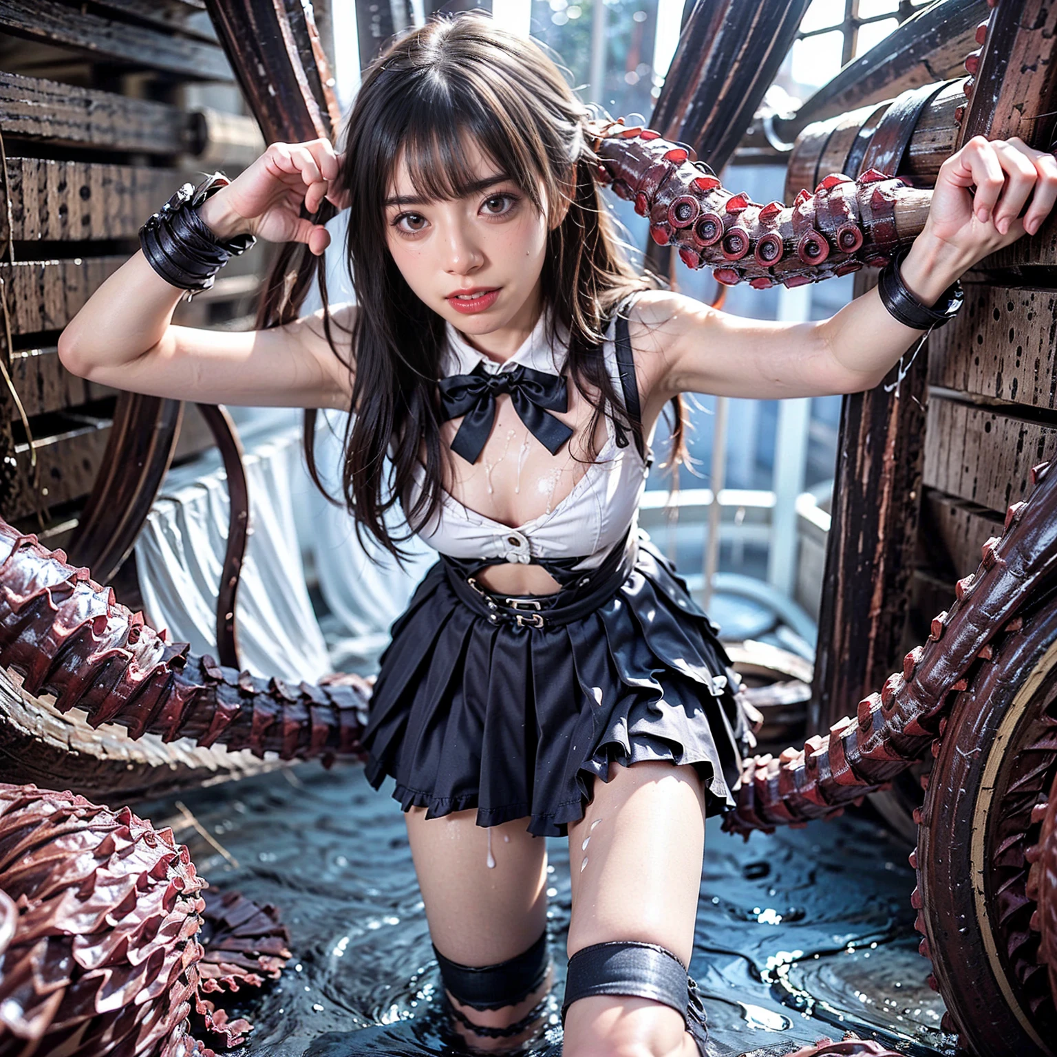 Girl captured by tentacles in abandoned factory　Tentacles in a skirt　Pants fabric texture　