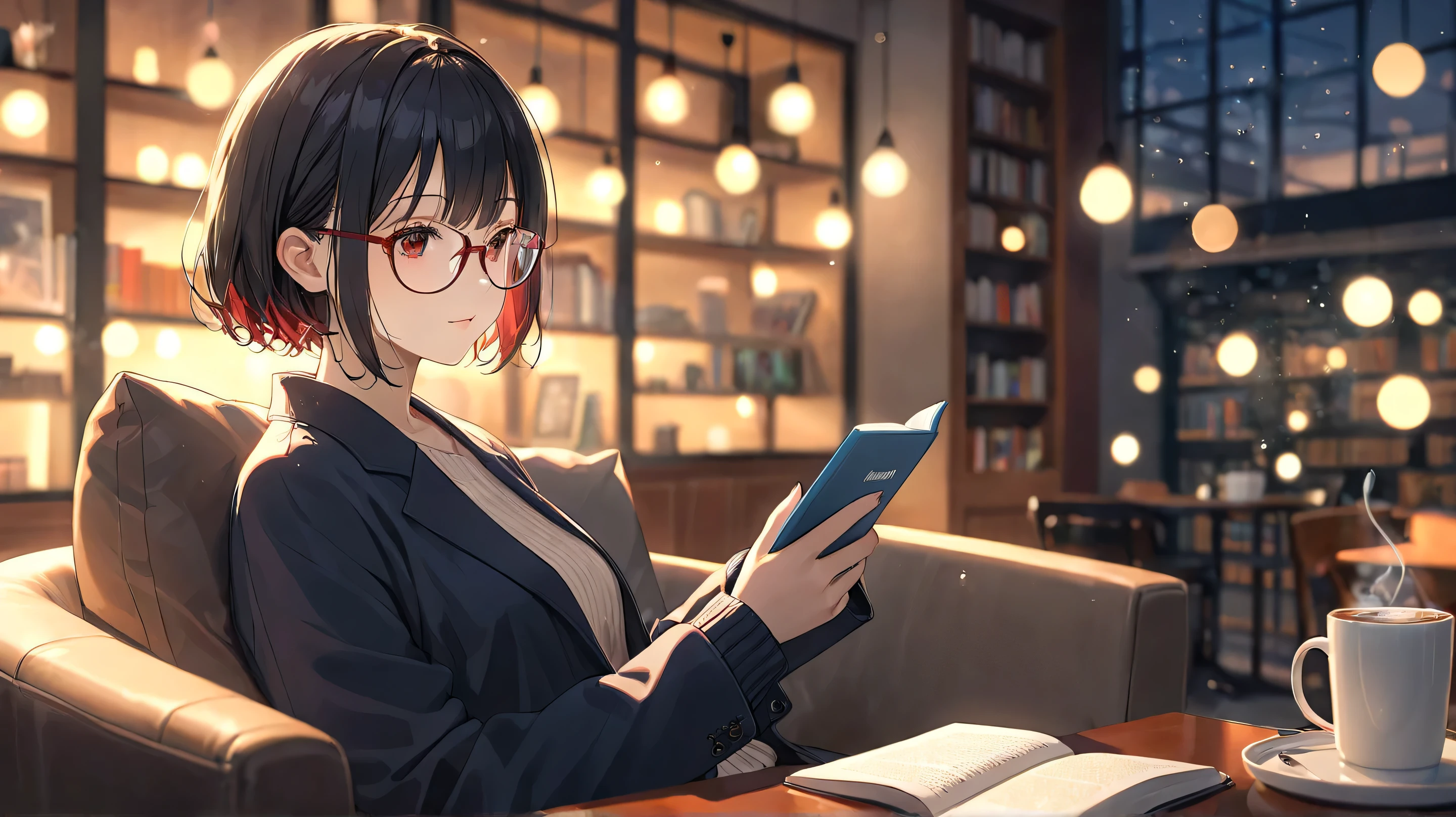 Stylish girl with black hair and red side mesh、 stylish and sophisticated Emphasize 。 sitting alone in a cafe wearing glasses 、 read e-books on Amazon Kindle 、 a stylish girl with black hair and red sidelines {x} listens to Amazon Audible audiobooks with wireless headphones。 and 。 warm coffee is placed in front of you 、A quiet and intellectual vibe 。There is a bookshelf in the background.、 feel like a library 。 warm lighting envelops the space 、 create a relaxed atmosphere 。 bokeh effects 、  emphasizes a stylish and sophisticated atmosphere 。"

🔹  additional tags/settings for Japanese-compatible AI （For Japanese-compatible AI）
 High precision,   super real,  cinematic lighting ,  bokeh effects ,  cozy atmosphere , intellectual,  stylish, Warm colors, Stylish, Soft Glow