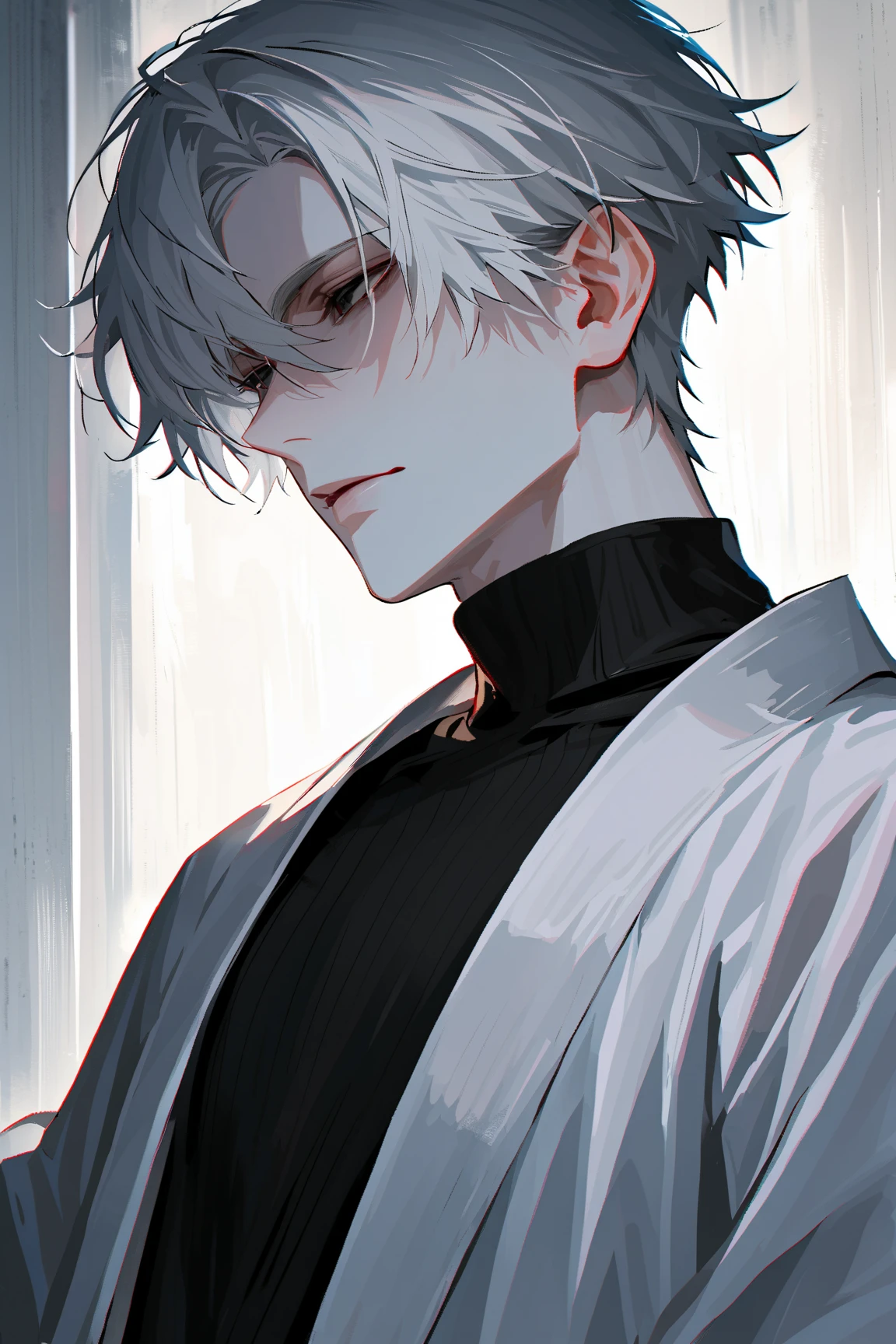 impasto, short hair, masterpiece, best quality, 1 man , white hair , perfect face , black eye , handsome male , Alone, pale skin , adult male , upper body , delicate line drawing,Extremely detailed , a faint smile, black turtleneck