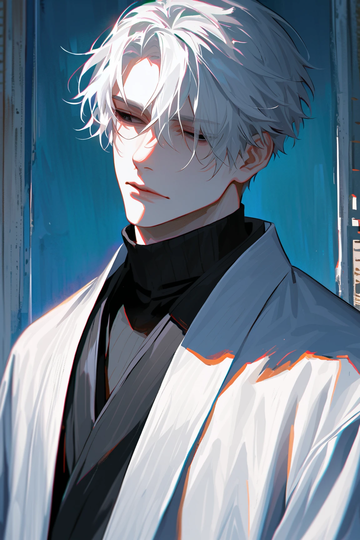 impasto, short hair, masterpiece, best quality, 1 man , white hair , perfect face , black eye , handsome male , Alone, pale skin , adult male , upper body , delicate line drawing,Extremely detailed , a faint smile, black turtleneck