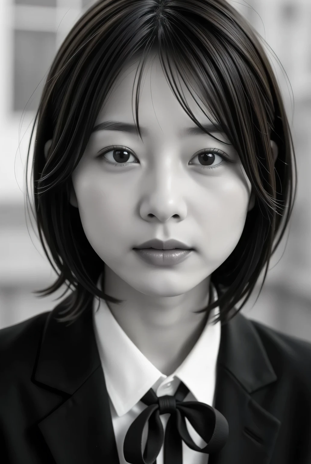 black and white photo of a retro female student :1.331, by Nomi, Beautiful Japanese woman's face, extra close-up:1.8, Closeup Photos of Faces , It's happening:1.5, facing straight to camera :1.37, Black and White Photography:1.37, Black and White Photography:1.37, by Nomi, Very by Nomi photos, standing, perfect anatomy:1.21, small head:1.21, thin lips:1.5, Close your lips , black trail blazer :1.21, A plain uniform from a famous high school in the city , blazer uniform, blazer, black blazer , white collar shirt:1.21, Black thin loop ribbon :1.331, black hair:1.21 , bob cut hair:1.21, Japanese woman without makeup :1.21, Beautiful Japanese Woman Face :1.21, Detailed Iris, Sharp eyebrows:1.37, detailed face, white skin:1.21, fine skin, growing skin:1.21, natural light illuminates her :1.37, レトロなBlack and White Photography:1.331, やさしい Black and White Photography:1.331, レトロな Black and White Photography:1.331, Silky Screen, Nostalgic Photos, with dynamic, cinematic lighting,