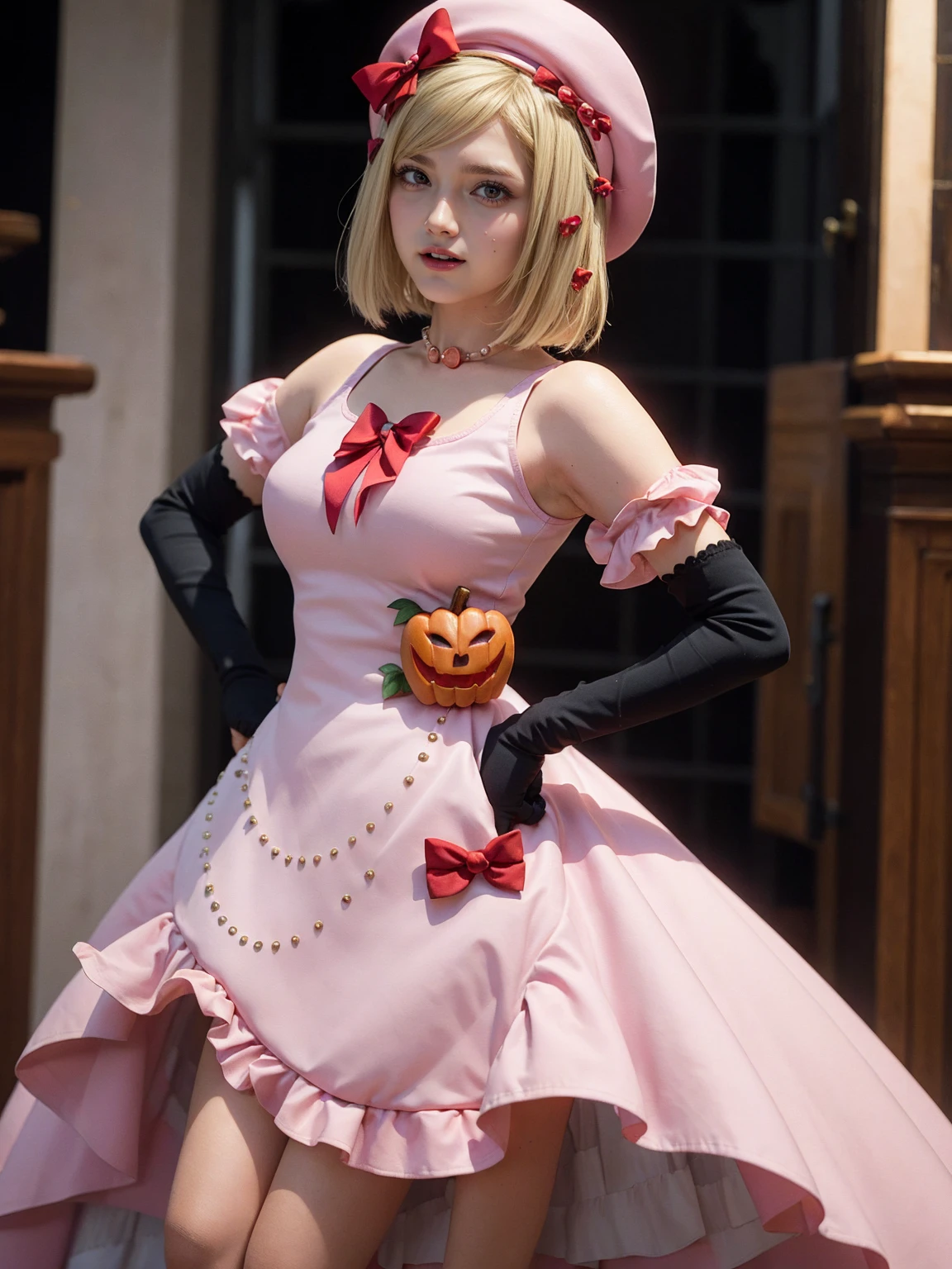 masterpiece, best quality, highres, aalamb, short hair, hair bow, red bow, beret, pink headwear, red eyes, necklace, frills, pink dress, jack-o'-lantern, puffy sleeves, elbow gloves, black gloves, waving, smile, bench, outdoors, sitting