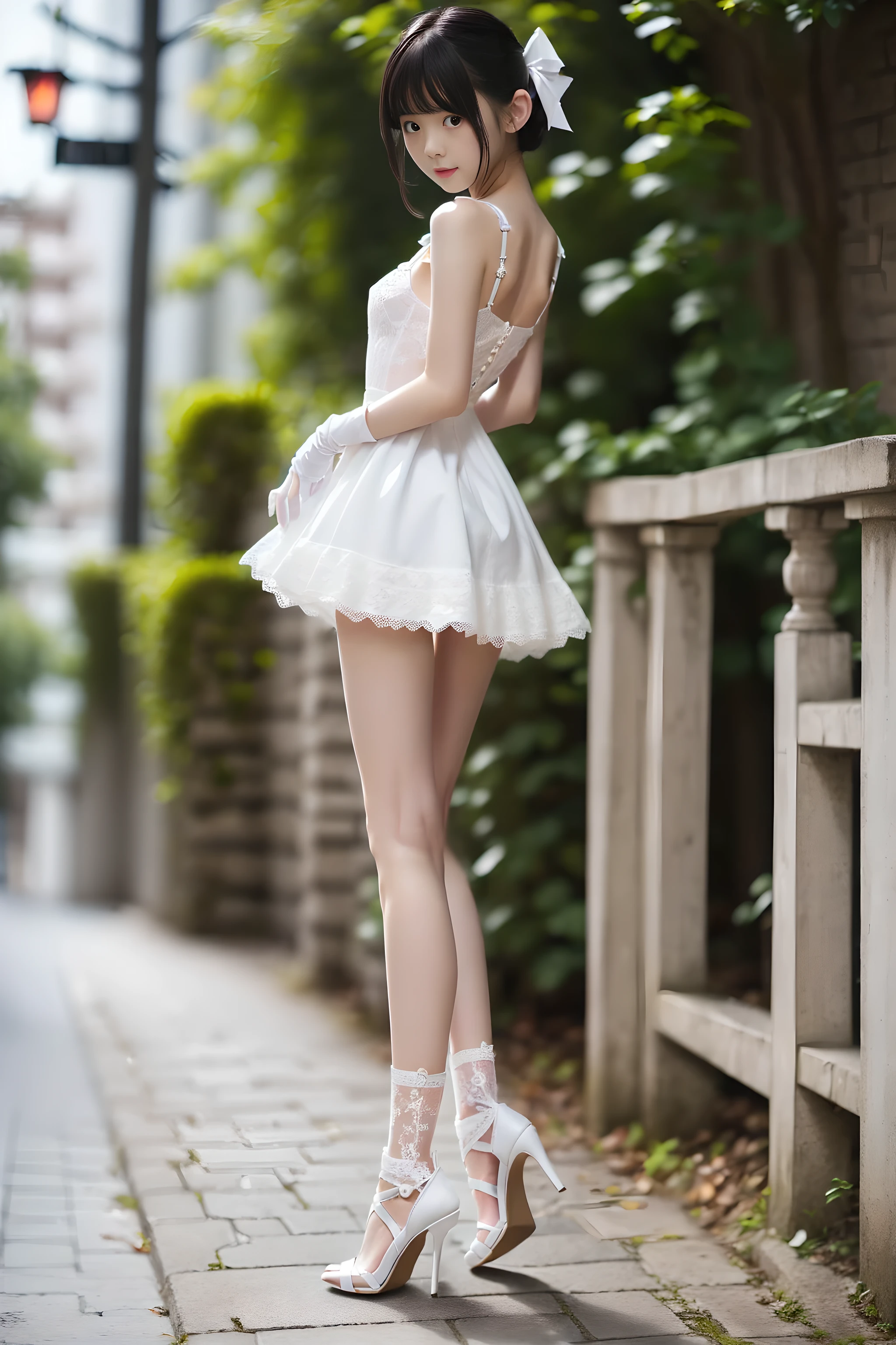(((Full body portrait:1.5))),(Frightened face),(open mouth vertically),(very short pure white lace miniskirt),(female masturbation),(small breasts:1.5),(very cute petite Japanese girl with a slender body and a baby face),(Short stature and skinny body),(short limbs),(extremely cute girls),(Pure white dress with a very short miniskirt),(white underwear),(thin thighs),(hands on buttocks),(drunk),(Voyeur from the side),(facing forward),white hair ribbon,white lace gloves,white stiletto heels,own home,Ultra high definition,Highest quality,high resolution,Extremely detailed depiction,super detailed skin