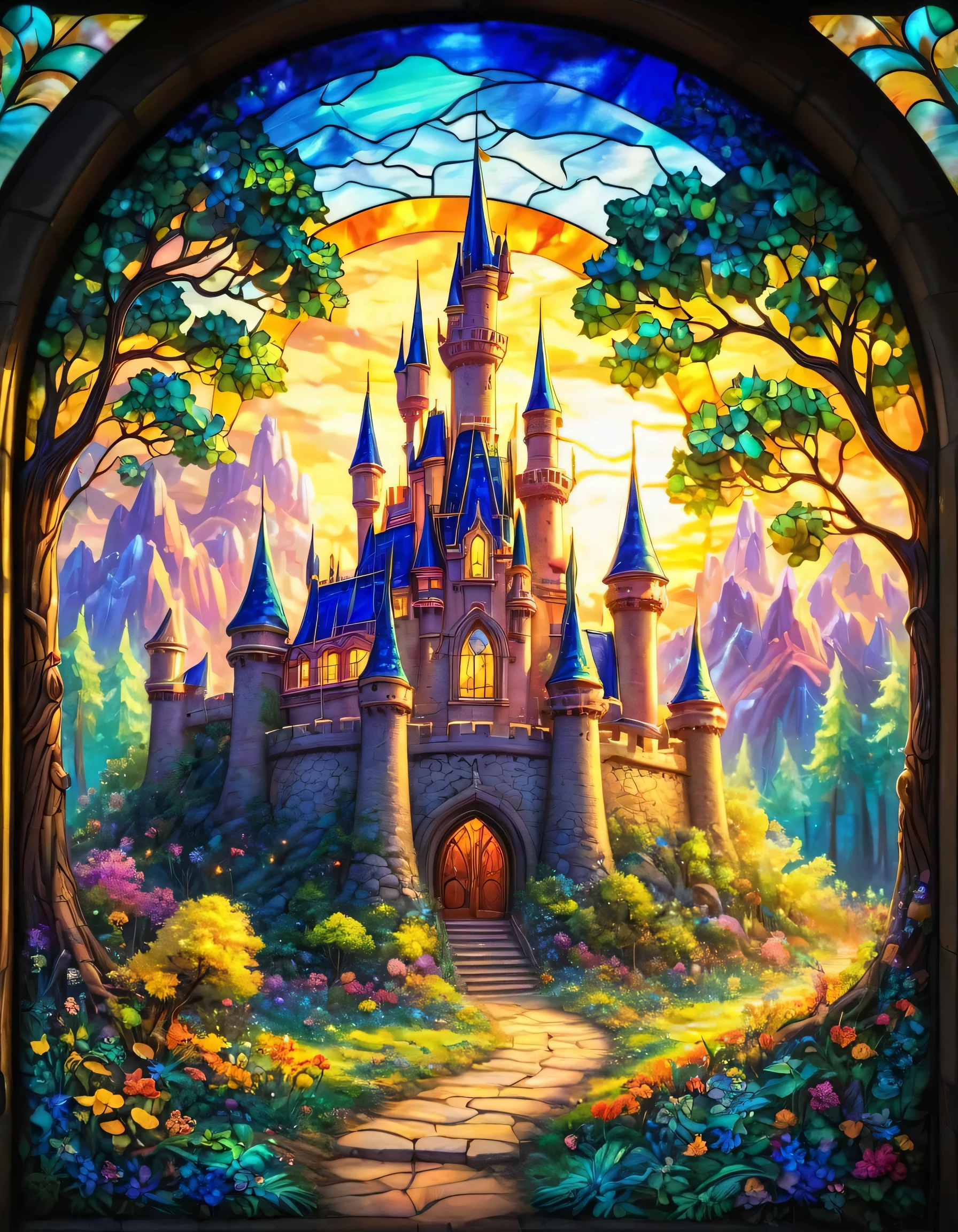 a stained glass picture of a castle in the woods, a detailed painting inspired by disney, shutterstock, process art, disney art, stained glass art, magical castle, disney inspired landscape, golden twilight stained glass, fairytale artwork, stained glass style, glowing stained glass backdrop, disney art style, detailed dreamscape, dreamy and detailed, disney concept art, disney artist