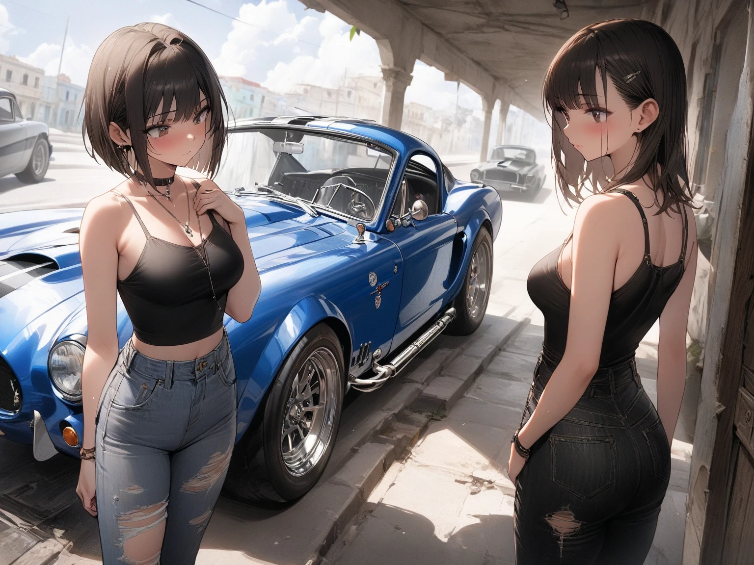 (masterpiece, best quality), 2girls, young , (skinny:1.5), ((two women in front of a car:1.3)), vibrant colors, bright, white, watercolor, (small breats:1.2), ((small ass:1.3)), (naked:1.4), (very small sexy t-shirt top:1.5), (oiled:1.5), (front view:1.4), ((sitting:1.4))