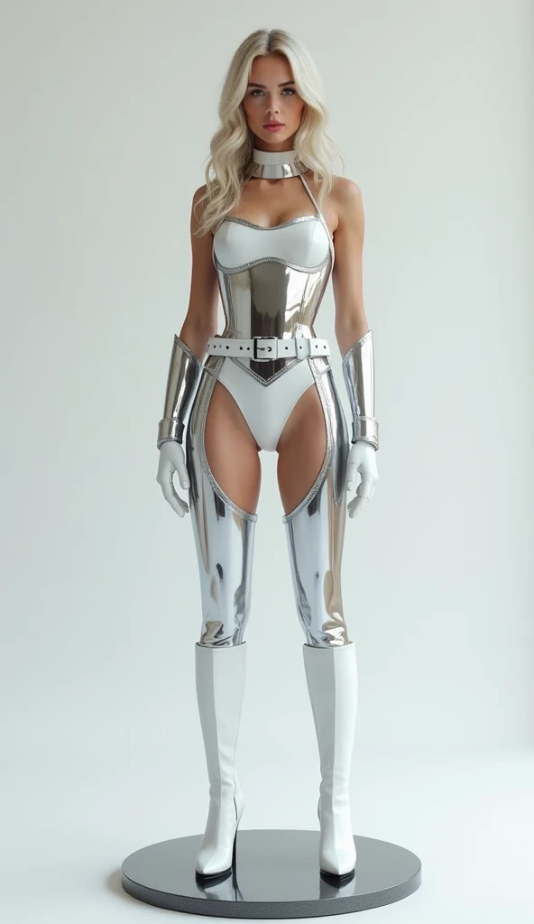 (best quality,8k:1.2,high resolution:1.2),ultra-detalhado,Realistic,vintage science fiction female superhero,retro futurism,cabelos brancos,belos olhos detalhados,beautiful detailed lips,olhos e rosto extremamente detalhados,long eyelashes,Collant de nylon branco transparente,Apertado,transparent white pantyhose,metalic gloves, Glossy plastic accessories,fundo branco neutro,profissional,vivid colors,Physically-based rendering,foco nítido,studio lighting,artistas conceituais