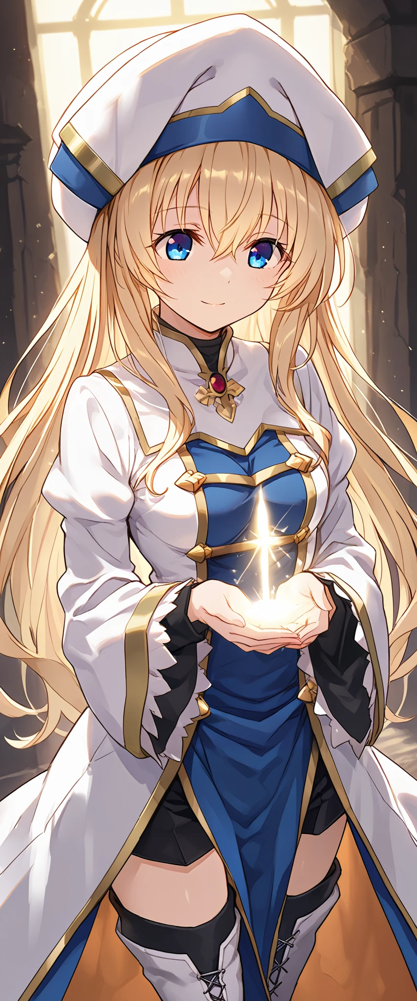 score_9, score_8_up, score_7_up, anime_source, priestess(goblin_slayer),blonde hair,blue eyes,hat,white headwear,long sleeves,hair between eyes,thigh boots,wide sleeves,small breasts,light smile,(Hands cupped together as if holding light),masterpiece,Noise Reduction,perfect anatomy,high resolution, ultra-detailed, ultra-detailed face,game cg,dutch angle ,beautiful detailed eyes,visualart,five fingers, perfect hands, perfect lighting,(highly detailed:1.5),