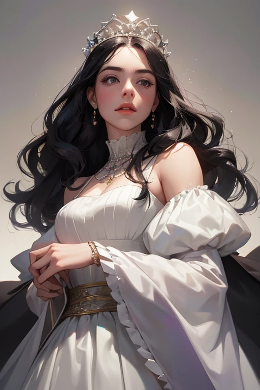 a young and graceful woman, with fine and delicate features, She has long black hair that falls in loose curls up to shoulder height, Her skin is clear and radiant, dark brown eyes, She possesses an upright and confident posture, conveying authority and serenity in her presence. Her style of dress is elegant and sophisticated, with formal clothing suited to her position as a teacher, She is an imposing and inspiring figure with an aura of wisdom and knowledge around her.