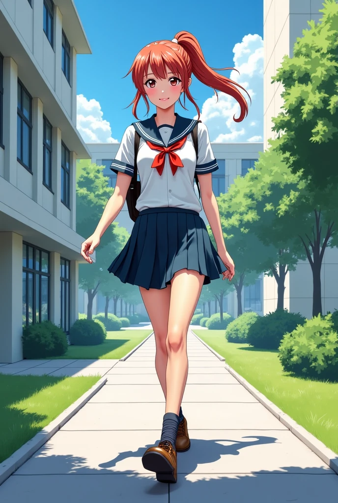 A high school girl walking, Redhead with ponytail, Manga style, anime