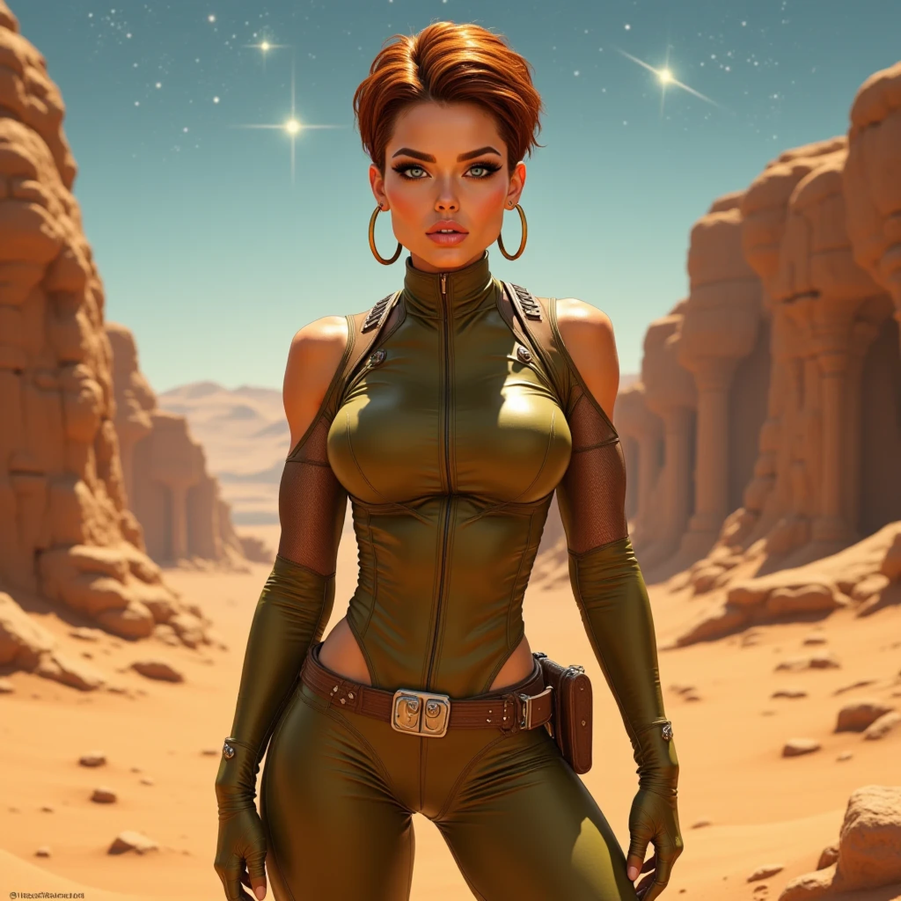 Unique Female Character, a beautiful space explorer woman, planetary dry landscape scene, subject is standing in dusty ancient ruins on an alien planet, Barbarian Sci-Fi Scene, woman has auburn hair in a pixie style, hoop earrings, modeling pose, fit and feminine, form fitted olive-drab leather space uniform finished with mesh material at the joints, wearing a utility waist belt with holster, beautiful almond-shaped ice-blue eyes, inspired by Linda Evangelista, evocative makeup, false eyelashes, matching lipstick, lips parted, sun stars and galaxies in the sky above, long shadows, Looking at viewer,