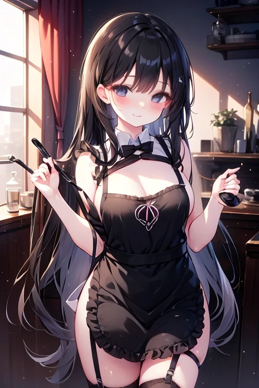 A woman with big ，Black long hair，twintails，Exquisite，Red ribbon，sleeveless，Loose collar，Slim waist，pubic，Playful skirt，blush，A cute daughter，Dressing table，bedroom，