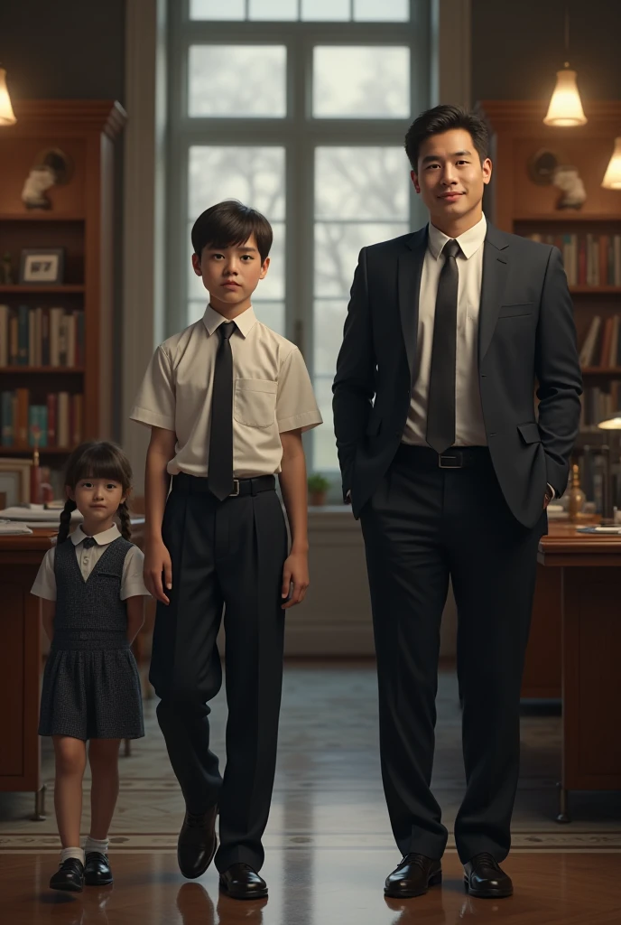 bts jungkook in a suit while sitting at his desk with a male child on his lap 