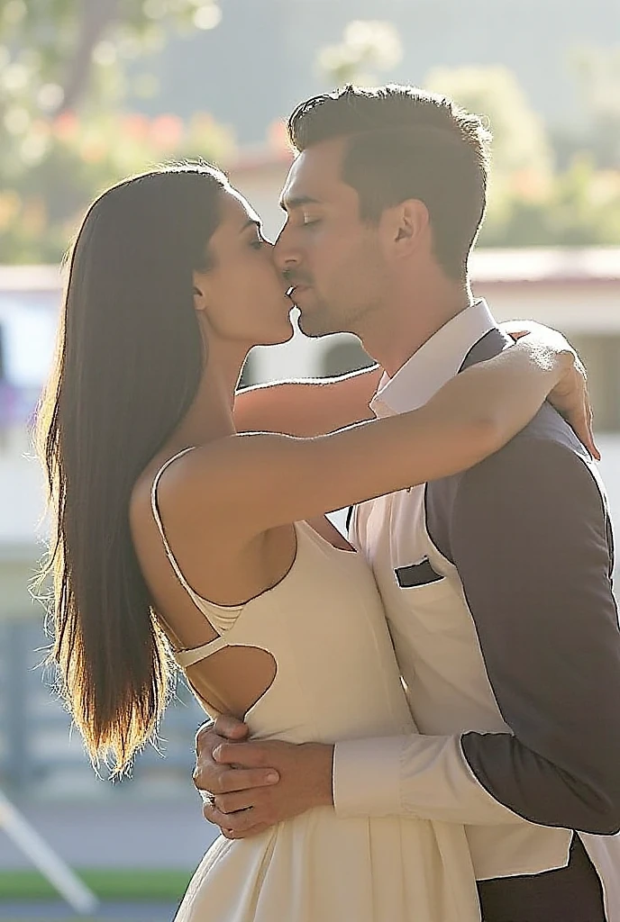 tmasterpiece, Best quality at best, {Best quality at best}, {{tmasterpiece}}, {A high resolution}, {{{Tano}}, extremely detailed couple, illustratio, couples, 1boys, 1girl, curvy, round breast, cleavag, couple, Loves, Loves, ((𝓡𝓸𝓶𝓪𝓷𝓽𝓲𝓬)), Sharp focus, malefocus, female focus, Black color hair, Black eyes, suns, rays of sunshine, hoist, T 恤, Men's suit clothing, kissing, romantic kiss, Women's red wedding dress, ln the forest, fresh flowers, statement